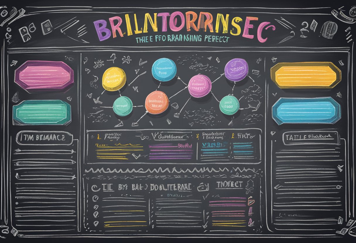 A colorful chalkboard with "Tips For Brainstorming The Perfect Name" written in bold letters. Below it, a list of hyphenated double barrel baby names
