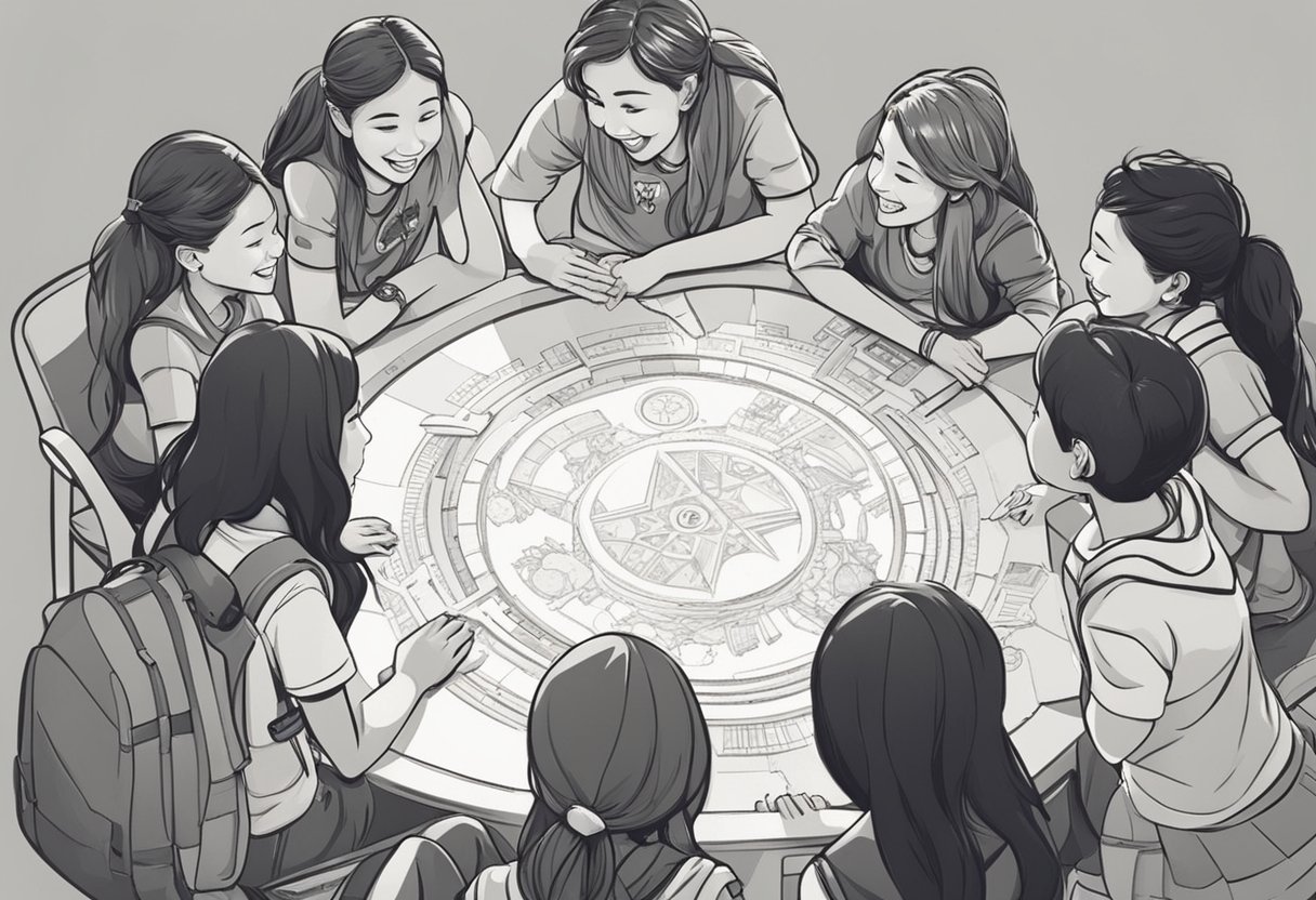 A group of girls with boy names gather in a circle, laughing and chatting. Their names are displayed on a banner behind them