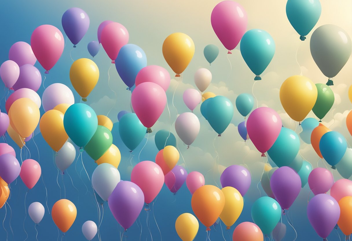 A group of colorful balloons floating in the sky, with each balloon representing a different boy's name