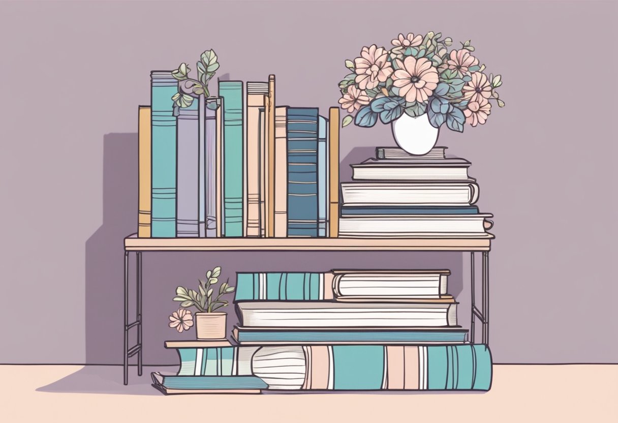 A stack of boy-themed books with feminine accents, like bows and flowers, arranged on a pastel-colored shelf