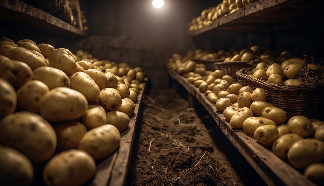 Potatoes stored in a dark, cool cellar, roots growing from them