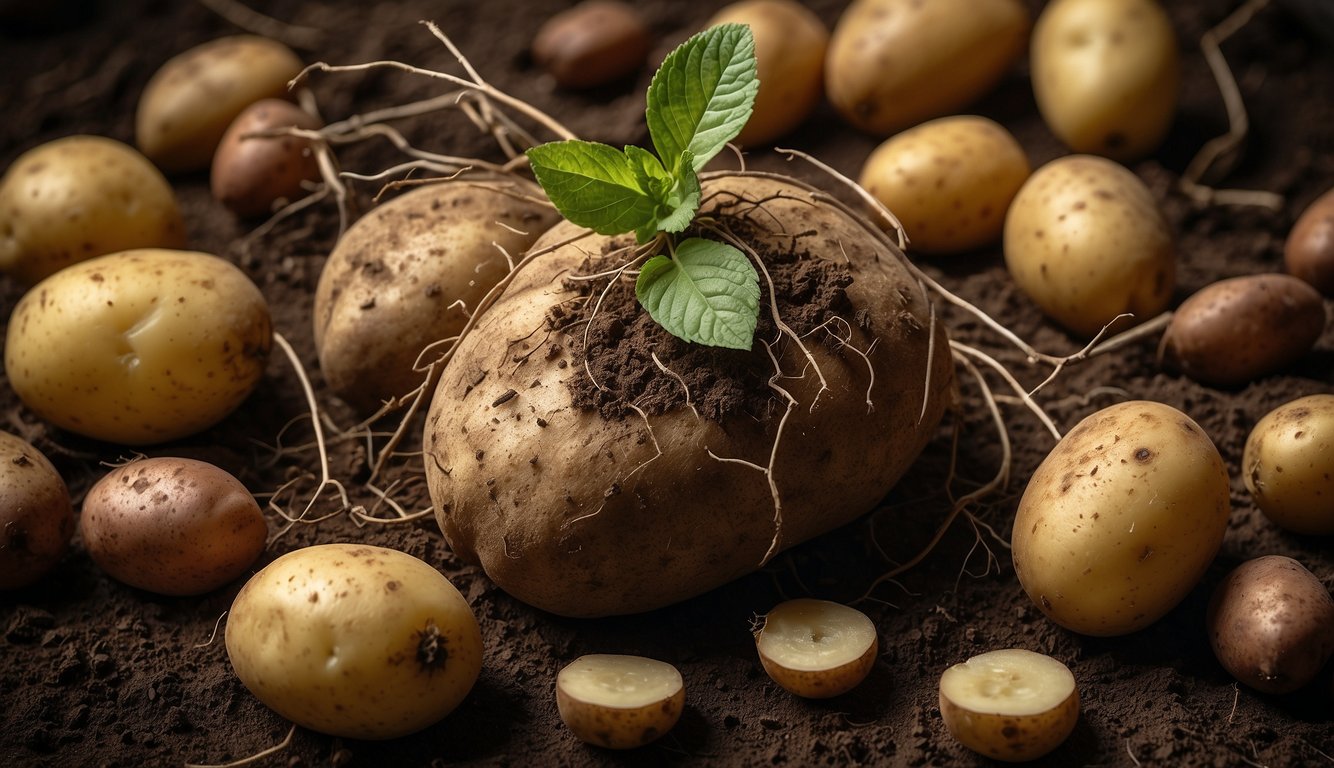 Potatoes with roots emerging, surrounded by medical symbols