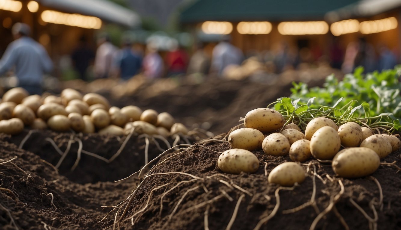 Potato roots spread from the soil, with market stalls in the background. Industry insights in text