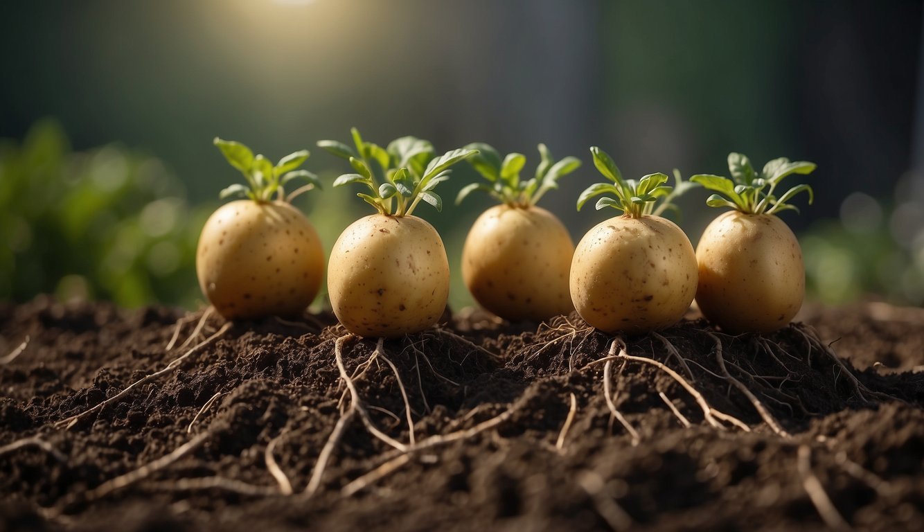 Potatoes with roots sprouting from them in a cluster