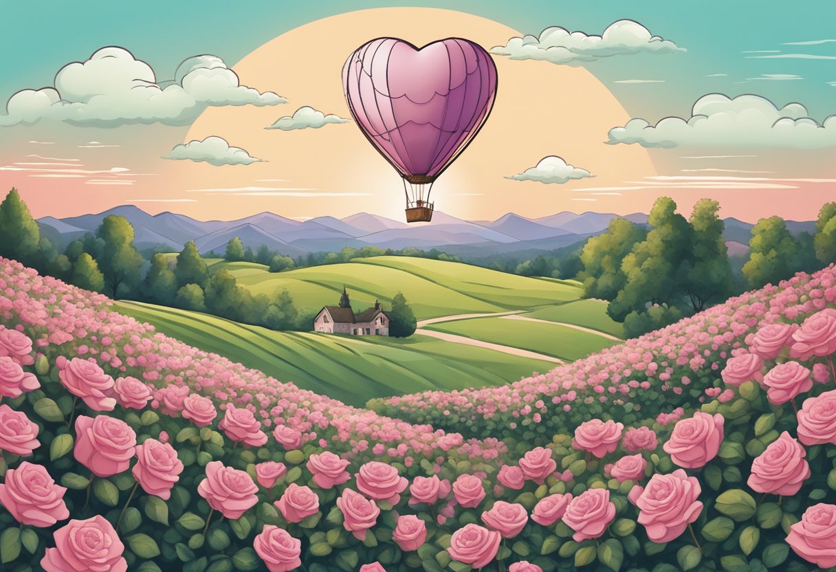 A heart-shaped balloon floats above a field of blooming roses, with "Valentine" written in delicate script on a banner fluttering in the breeze