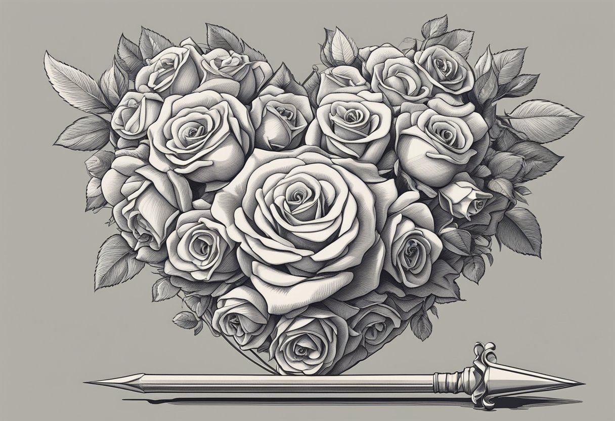 A heart-shaped bouquet of roses and a cupid's arrow piercing a love letter