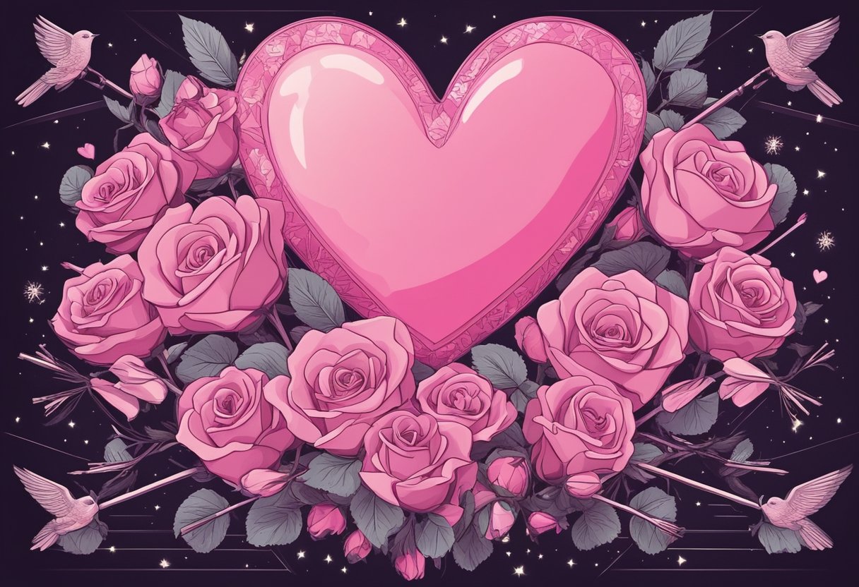 A heart-shaped bouquet of roses and baby's breath, surrounded by cupid arrows and love letters, with a background of pink and red hues