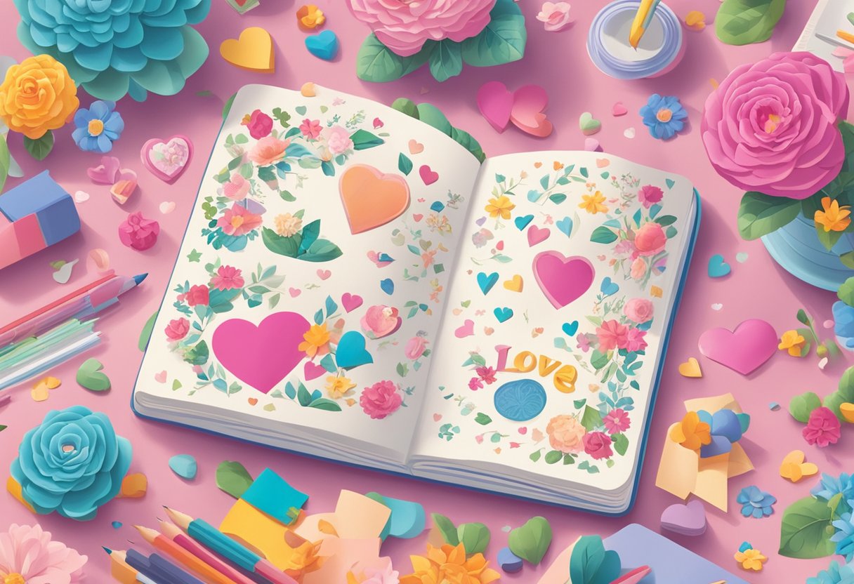 A colorful brainstorming session with hearts, flowers, and love-themed objects scattered around a table. A notebook with "Valentine Baby Names" written on it sits in the center