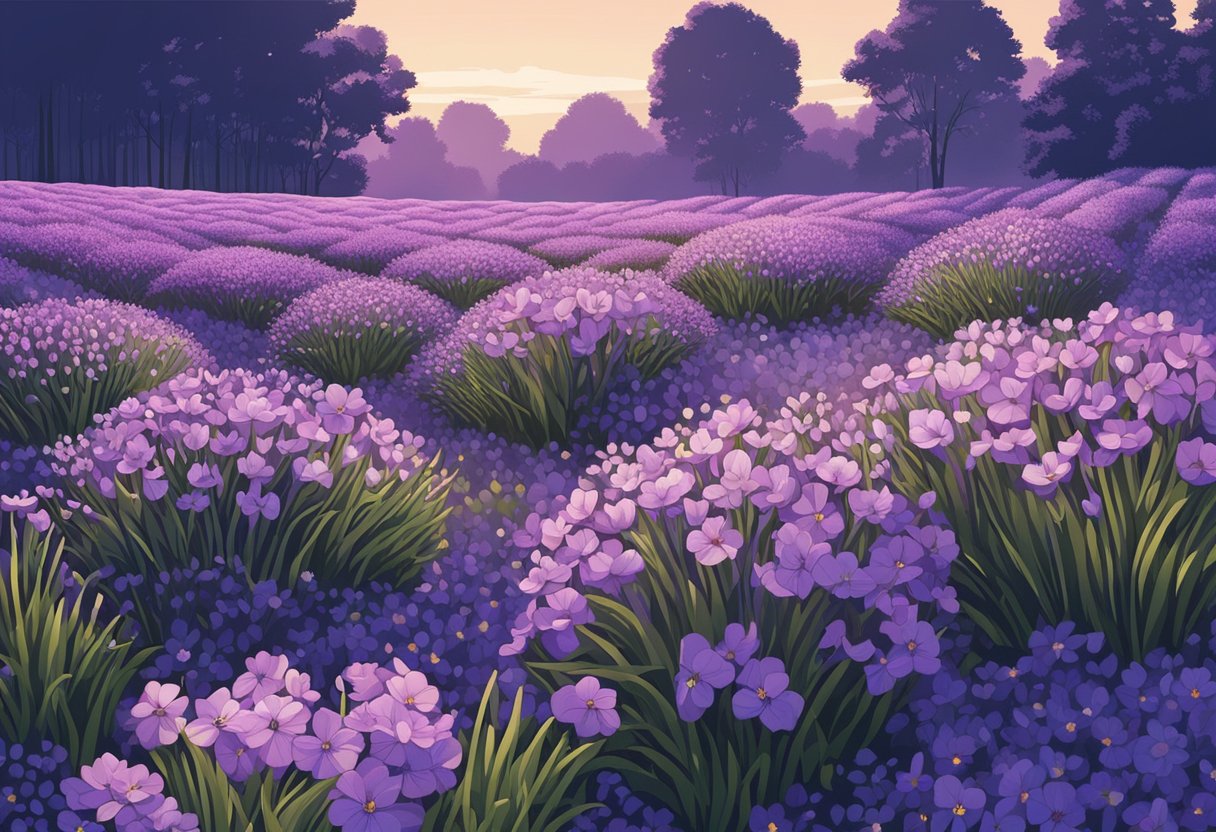 A field of blooming violet flowers under a clear blue sky
