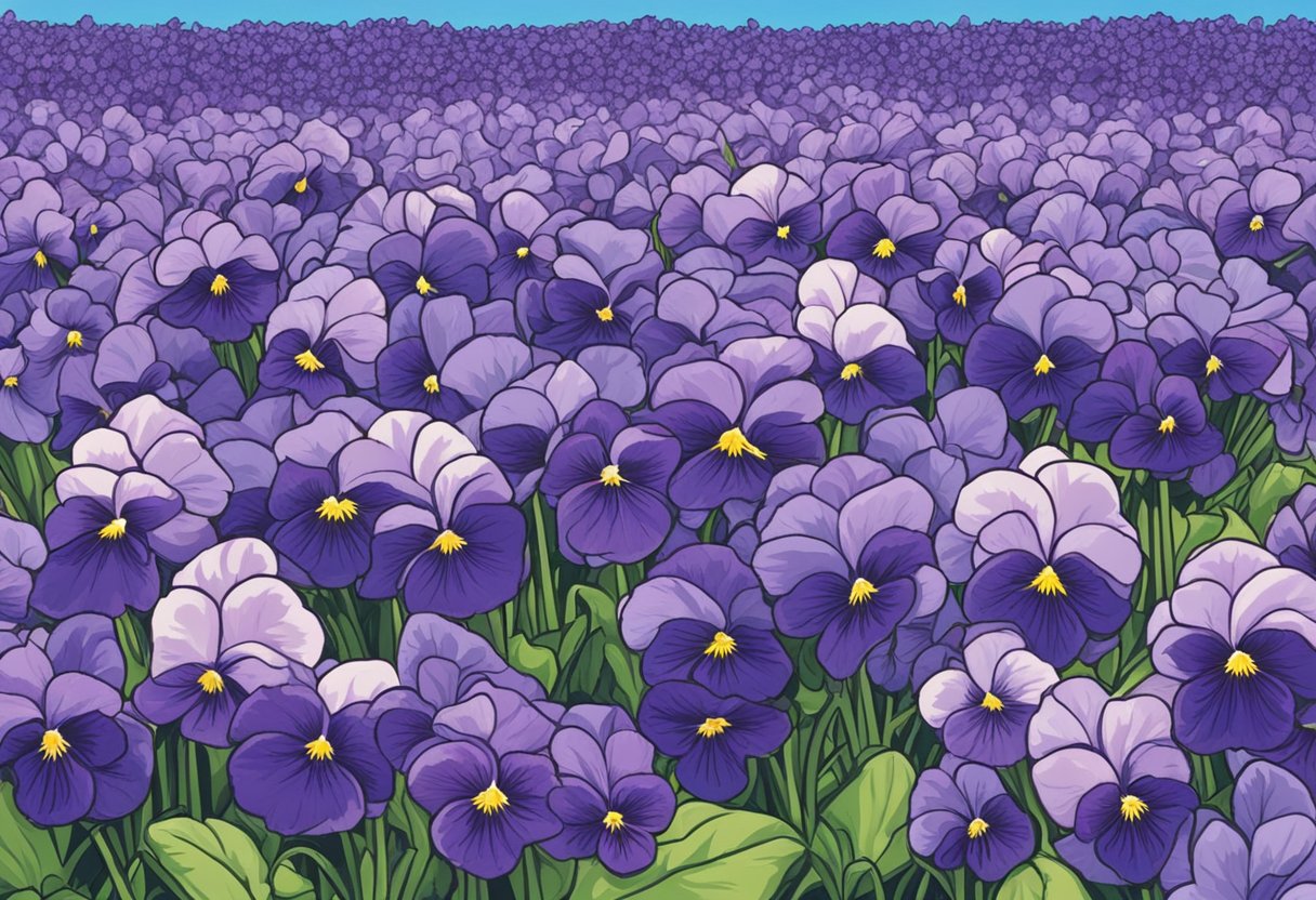 A field of vibrant purple violets blooming under a clear blue sky