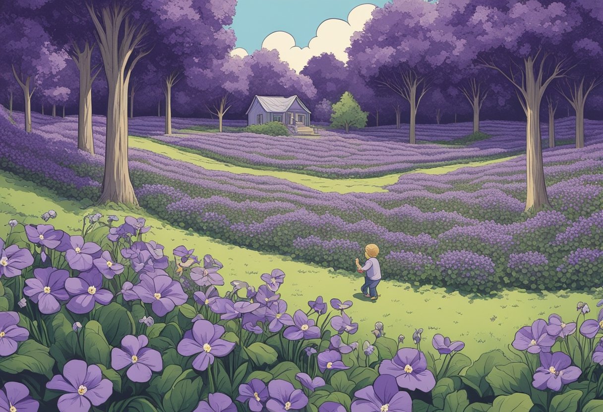 A field of blooming violets with a baby boy and girl playing