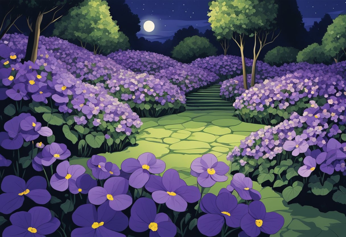 A garden of violets blooming in the moonlight