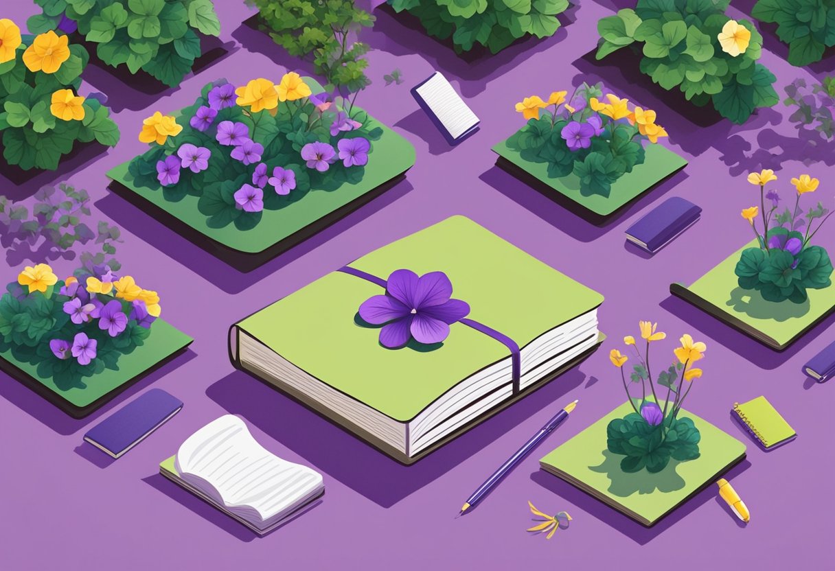 A vibrant garden with blooming purple violets, surrounded by baby name books and a brainstorming notebook