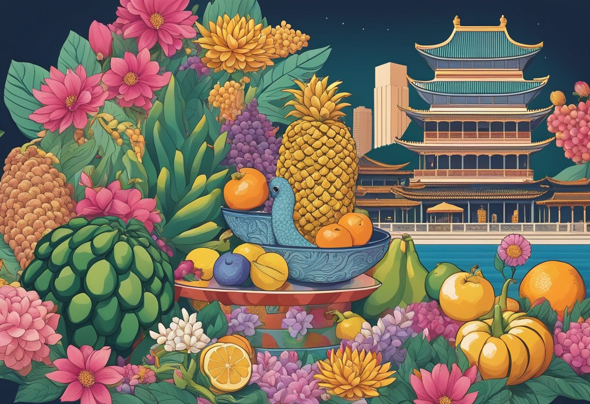 A colorful array of Singaporean flowers and fruits, with traditional symbols like the Merlion and Peranakan tiles in the background