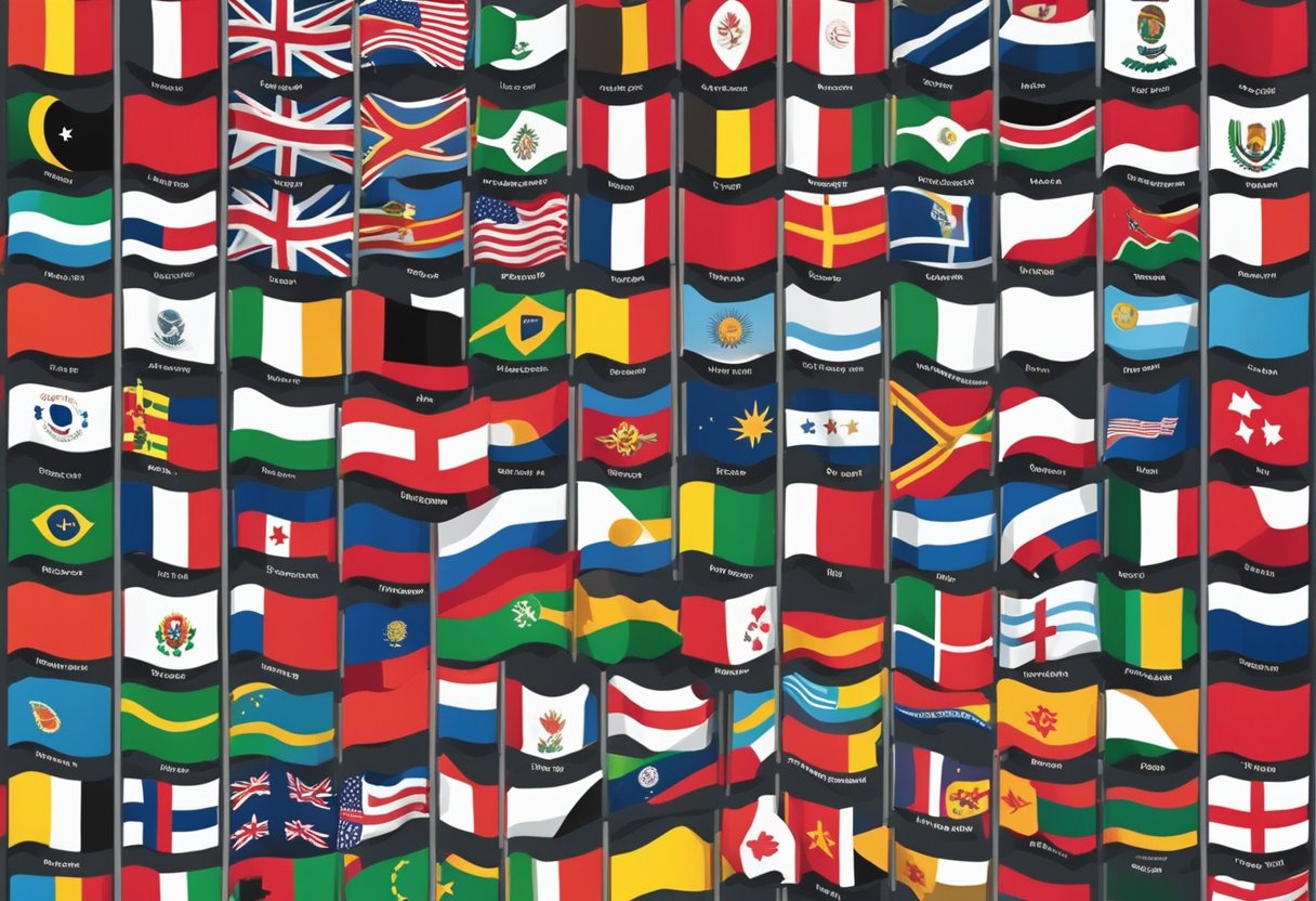 Various flags from around the world with "banned" symbols overlaying them. Examples of illegal baby names displayed in bold text