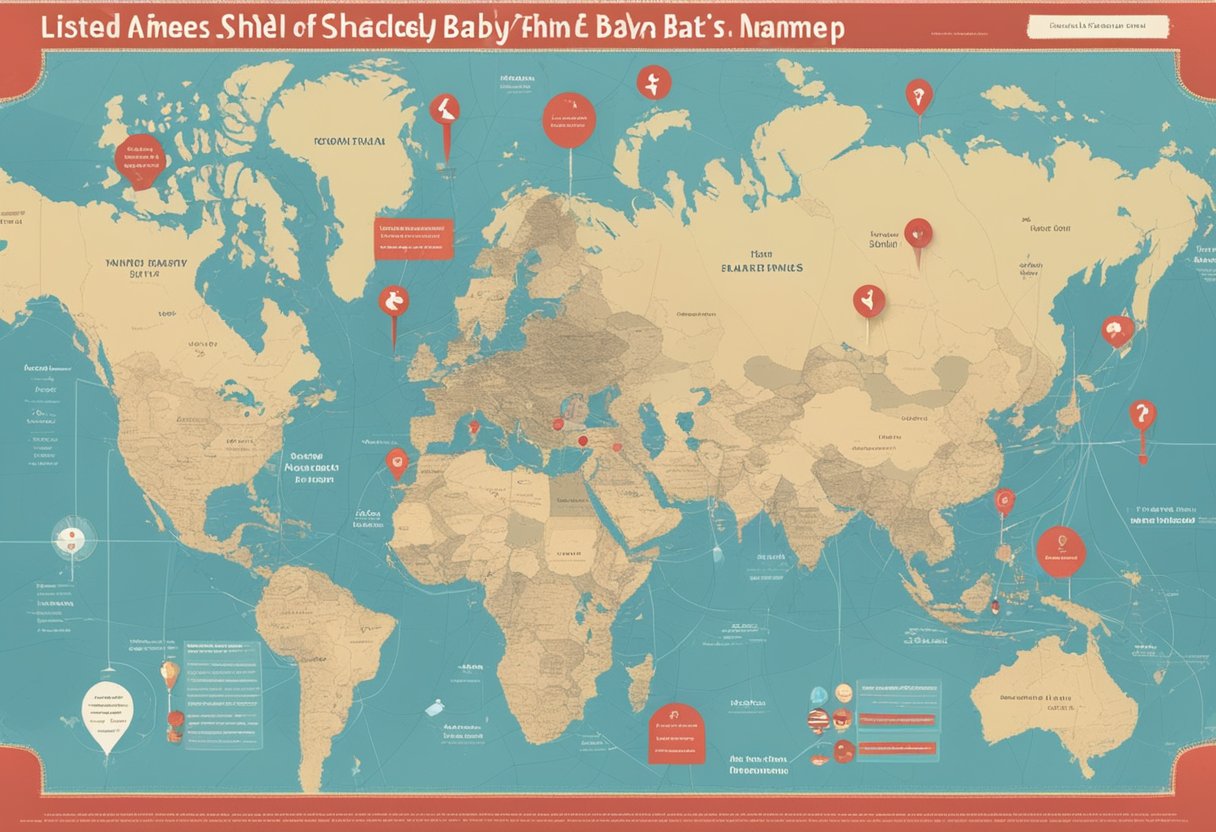 Various banned baby names displayed on a world map, with red X's over them. A list of tips for brainstorming names is shown next to the map