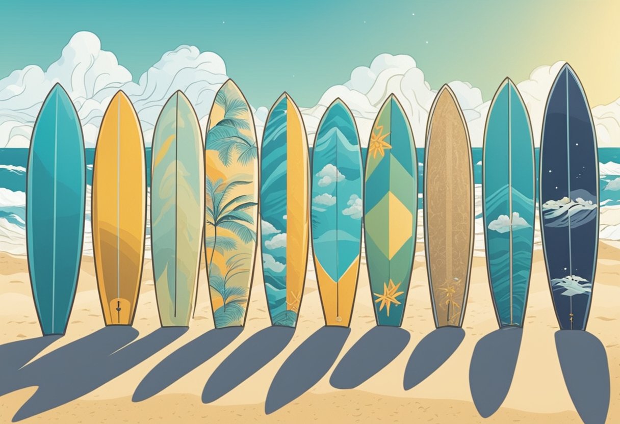 A beach with surfboards lined up, each with a unique name written on it. Waves crashing in the background