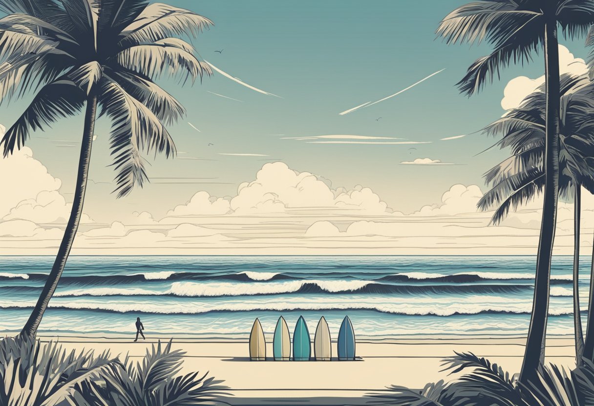 A beach with surfboards lined up, palm trees swaying, and waves crashing