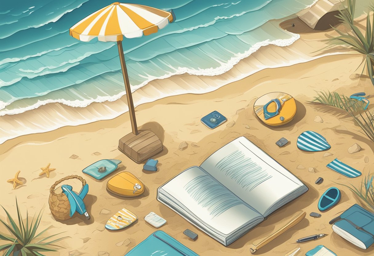 A beach scene with surfboards and baby items scattered around, with a notebook and pen for brainstorming names. Waves crashing in the background