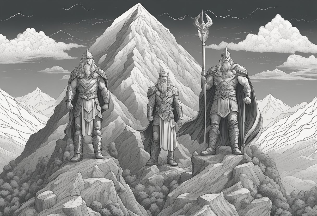 Odin, Thor, and Freyja stand tall, surrounded by swirling winds and towering mountains, embodying the power and mystery of Norse mythology