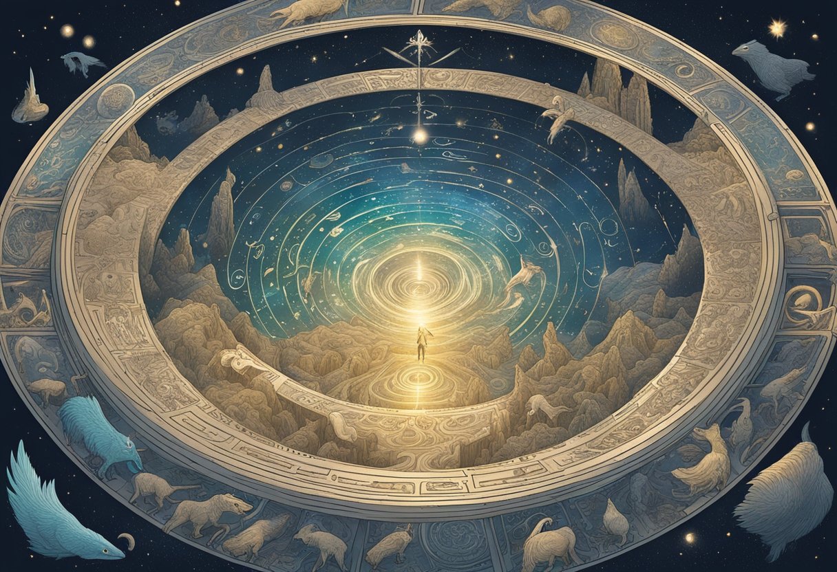Norse mythology names swirl in a cosmic vortex, surrounded by ancient symbols and mystical creatures