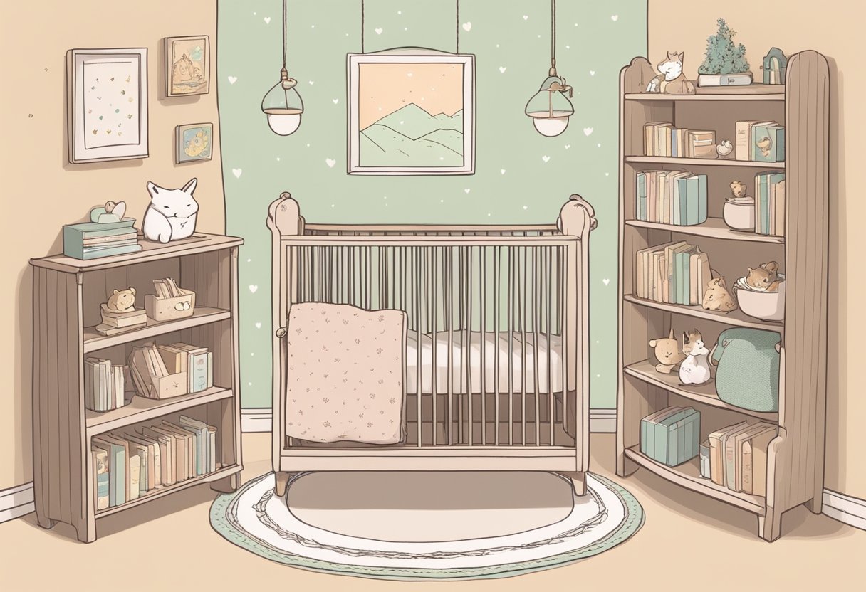 A cozy nursery with soft, pastel colors and delicate decorations. A shelf displays books with titles like "The Little Prince" and "Love You Forever."