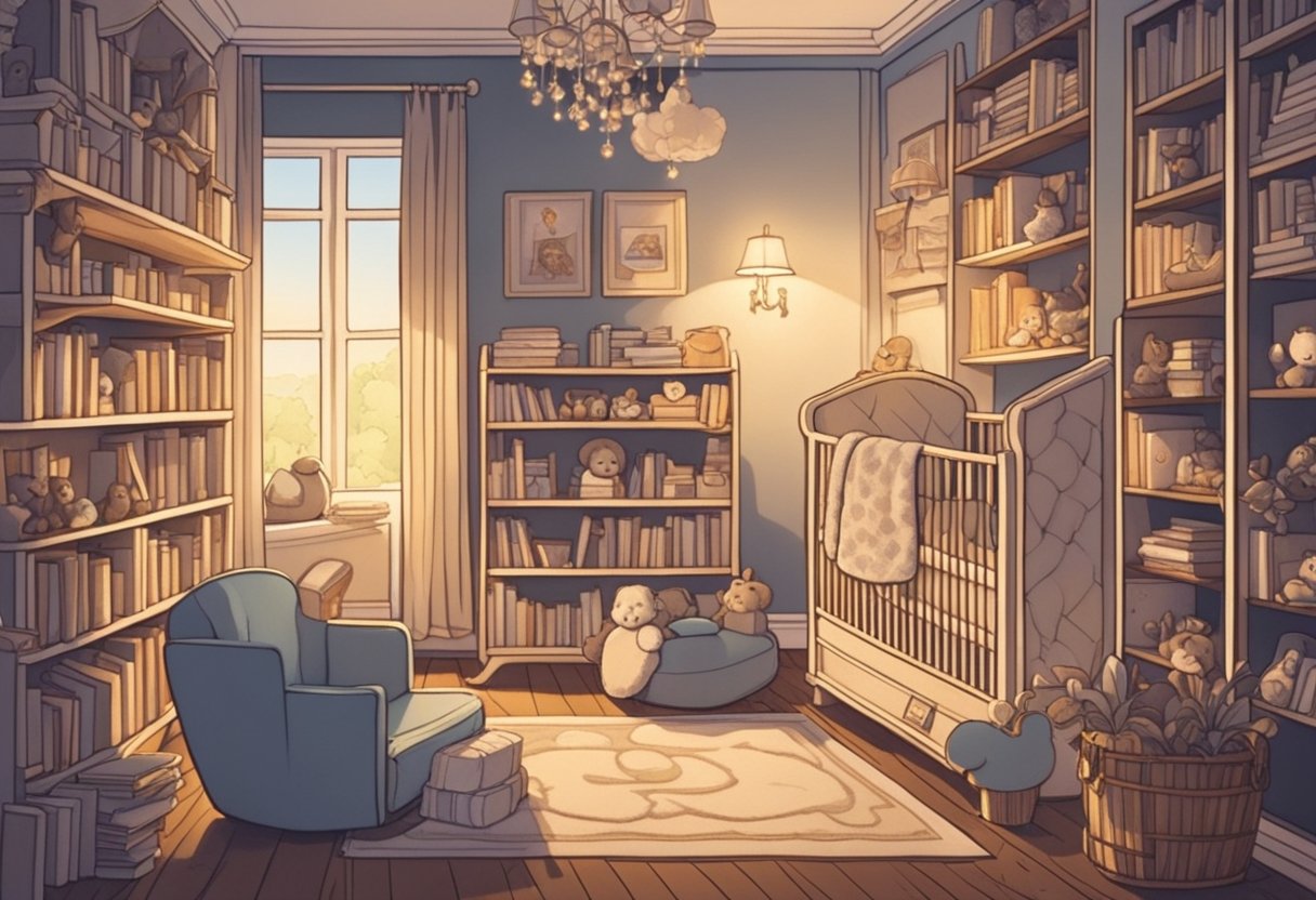 A cozy nursery with soft, warm lighting and shelves filled with books of classic and unique baby boy names. A peaceful atmosphere with a hint of romance in the air