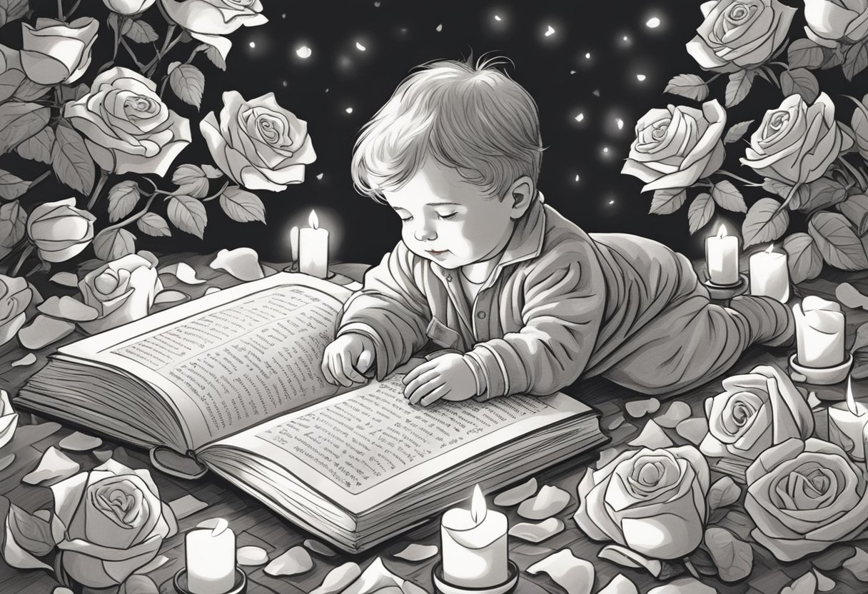 A baby boy surrounded by rose petals and soft candlelight, with a vintage book of romantic poetry open nearby