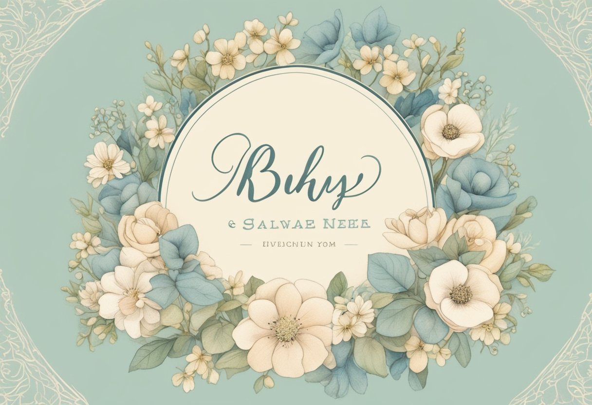 A baby boy's name written in cursive on a vintage-inspired baby announcement card surrounded by delicate flowers and soft pastel colors