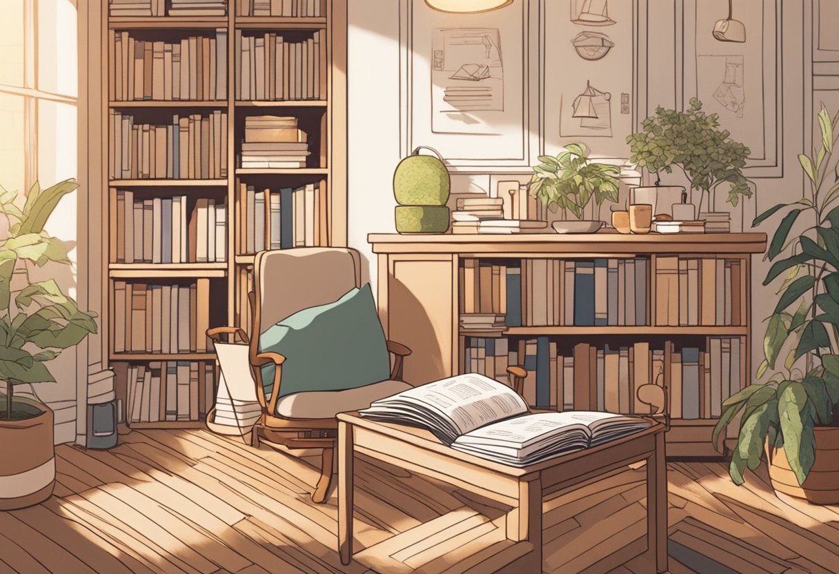 A cozy study with a desk covered in baby name books, a warm cup of tea, and soft music playing in the background