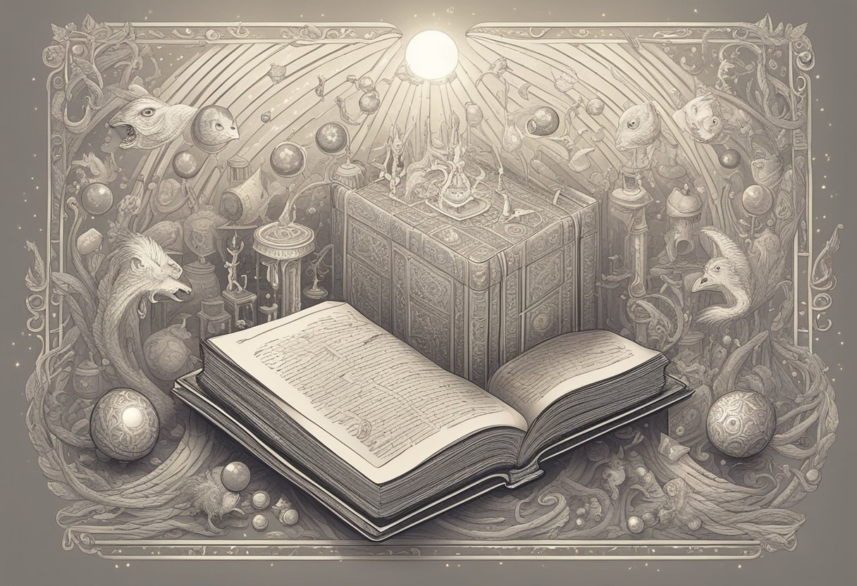 A magical book with swirling letters and symbols, surrounded by glowing orbs and mystical creatures