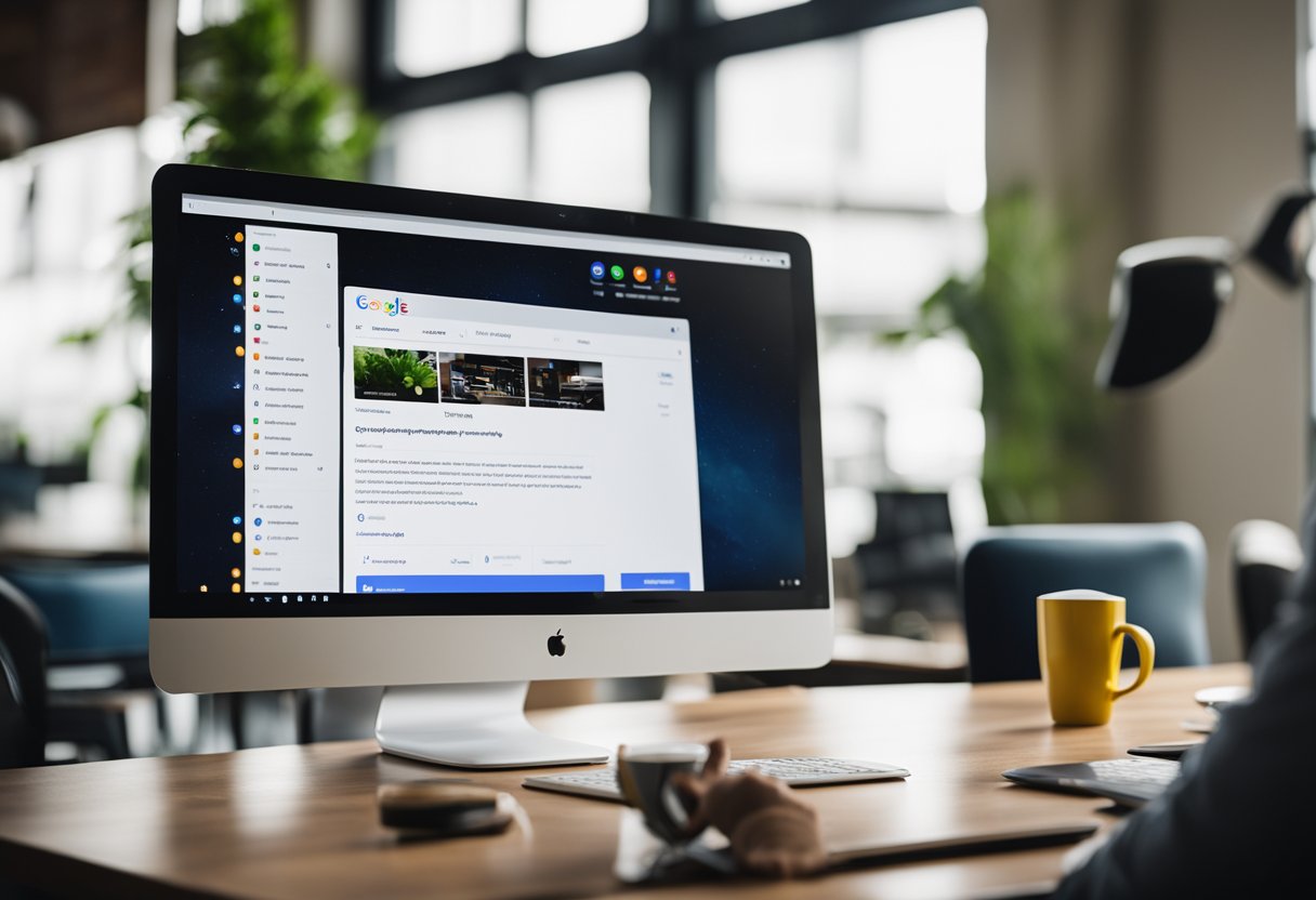 A computer screen showing a Google My Business profile with positive reviews and a manager analyzing data and creating a plan