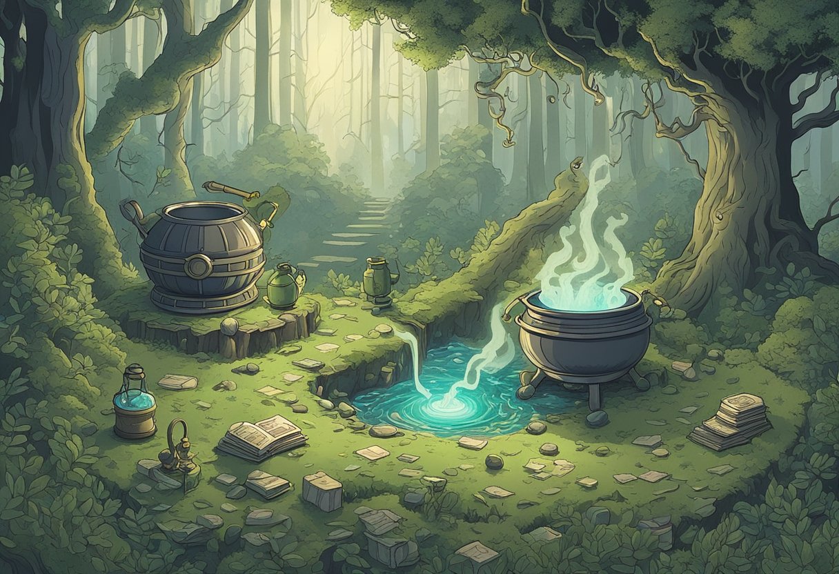 A mystical forest with swirling mists and glowing orbs, a cauldron bubbling with magical brew, and ancient spellbooks scattered on a mossy ground