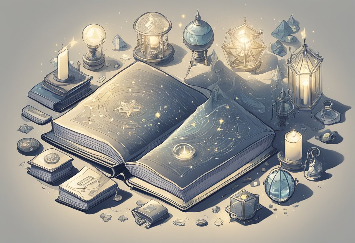 Various magical objects and symbols surround a book titled "Tips For Brainstorming The Perfect Name" with a mystical glow emanating from its pages