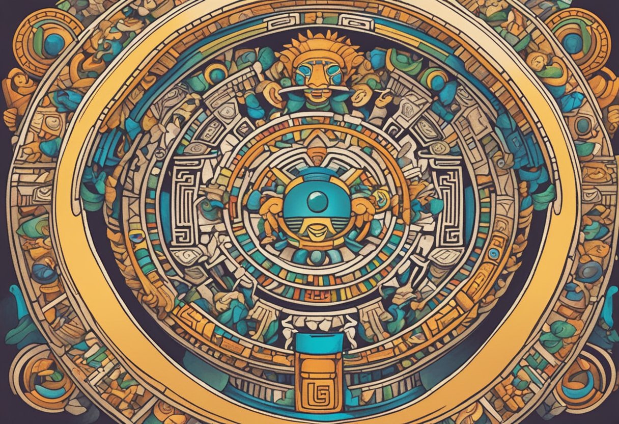 Colorful Mayan symbols and glyphs surround a cradle, representing potential names for a baby