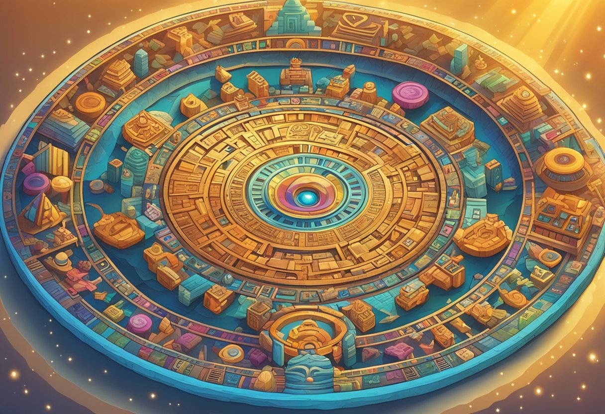 A colorful array of Mayan symbols and hieroglyphs surround a glowing baby name, floating in the center of the scene