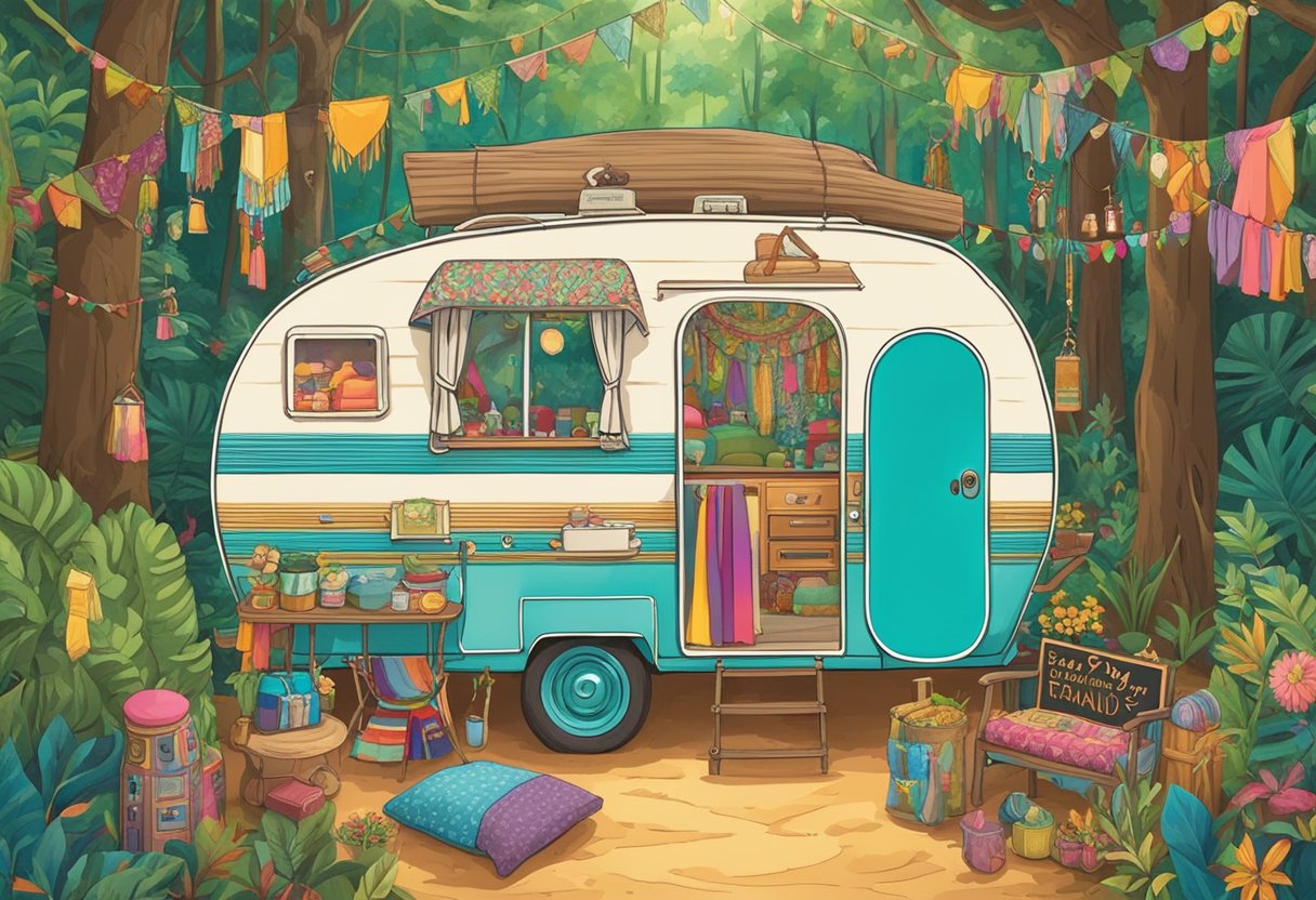 A colorful caravan adorned with vibrant fabrics and trinkets, surrounded by a lush forest with a sign reading "Gypsy Baby Names" hanging from a branch