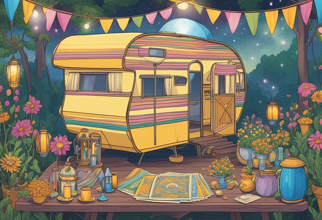 Colorful caravan surrounded by wildflowers, with a crystal ball and tarot cards on a table. A tambourine and colorful scarves hang from the awning