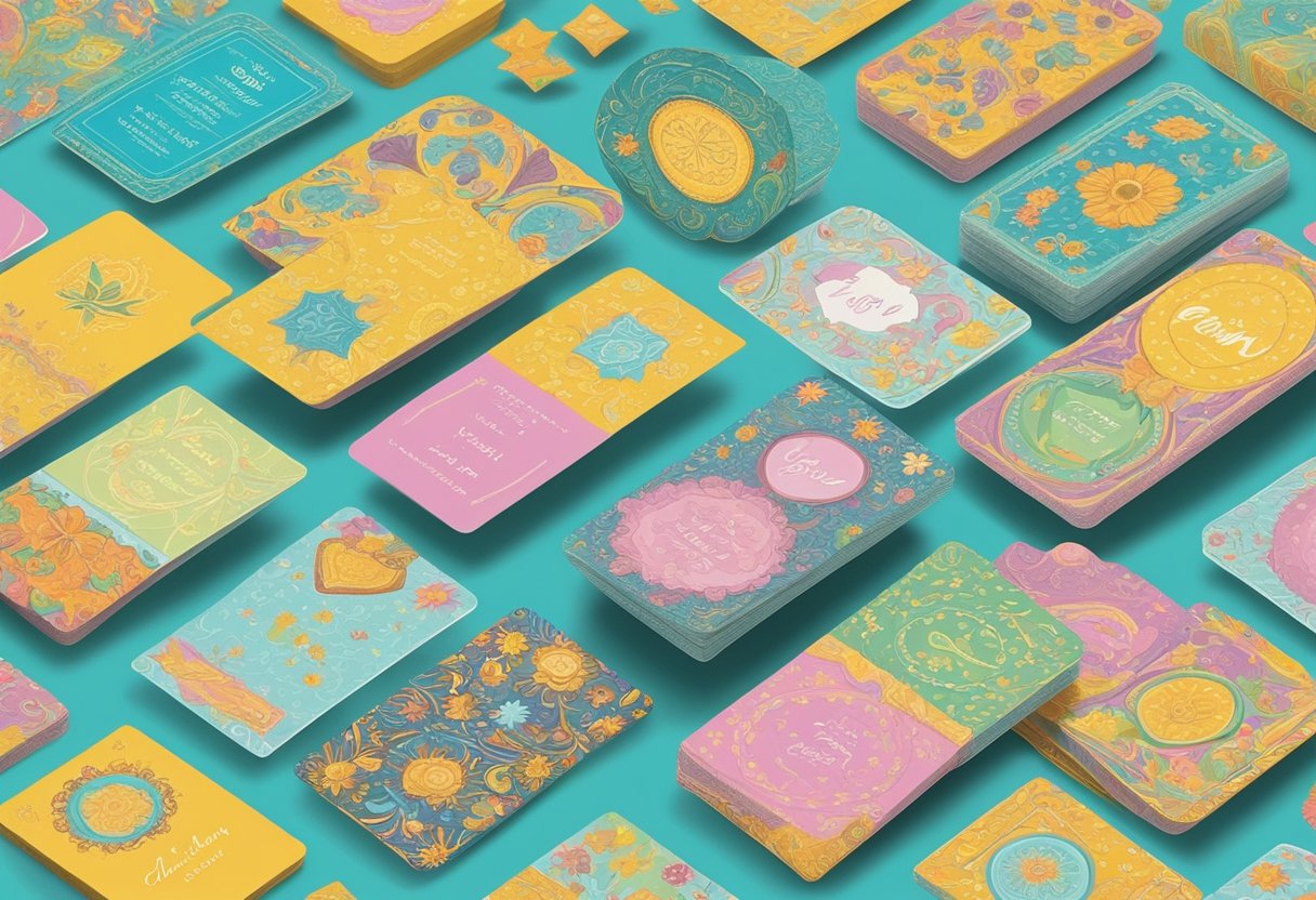 A colorful array of baby name cards with vibrant gypsy-inspired designs and patterns, arranged in a whimsical display