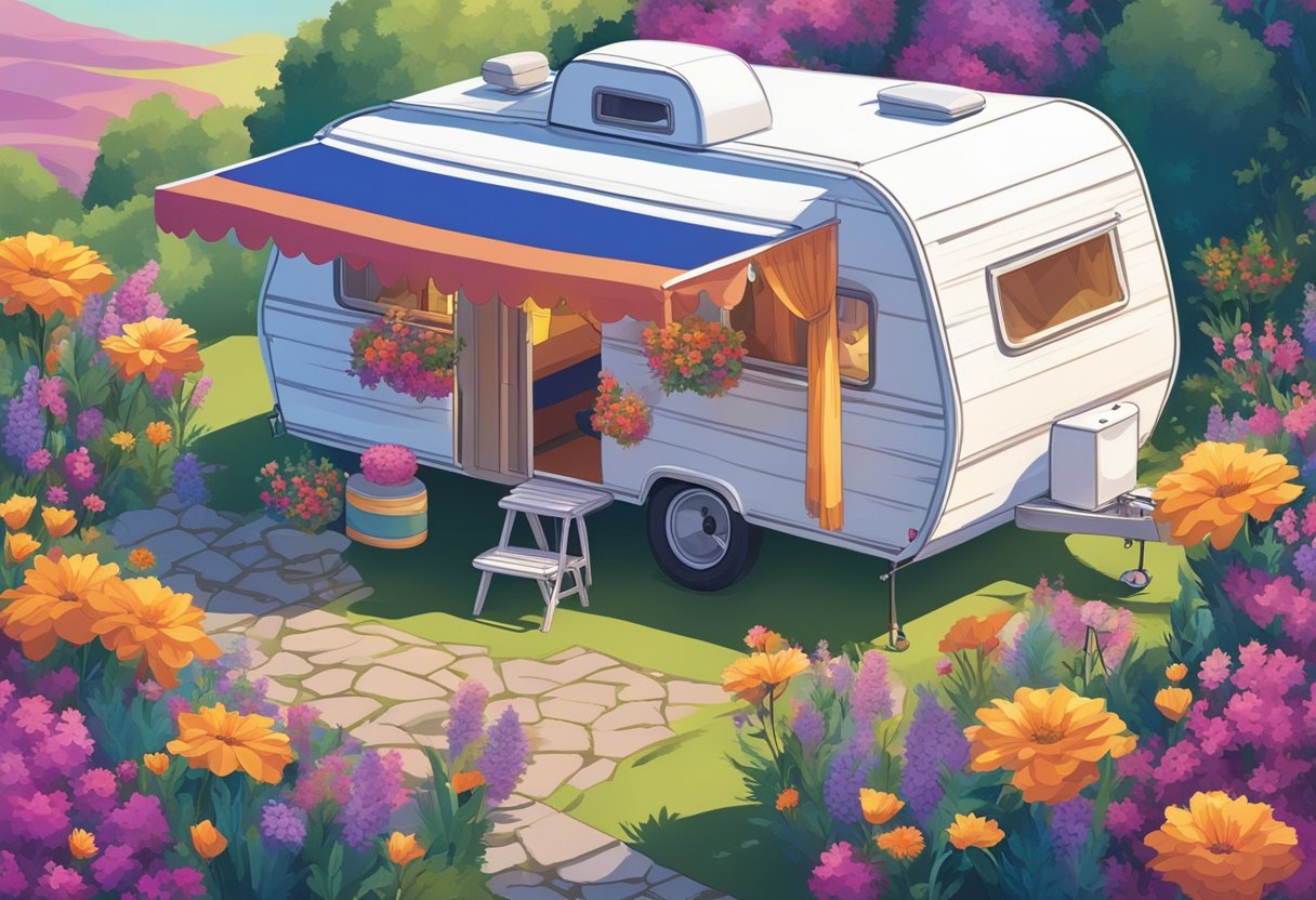 Colorful caravan surrounded by vibrant flowers and flowing scarves, with a mystical aura