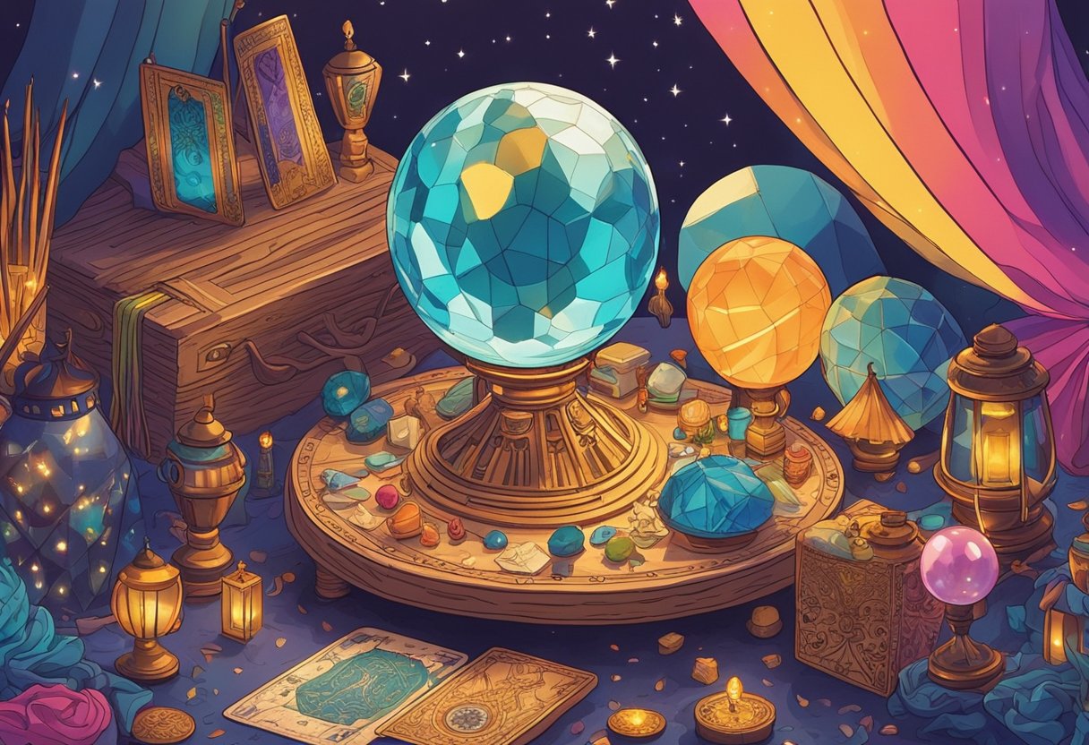 A vibrant caravan surrounded by colorful scarves and trinkets, with a crystal ball and tarot cards on a table