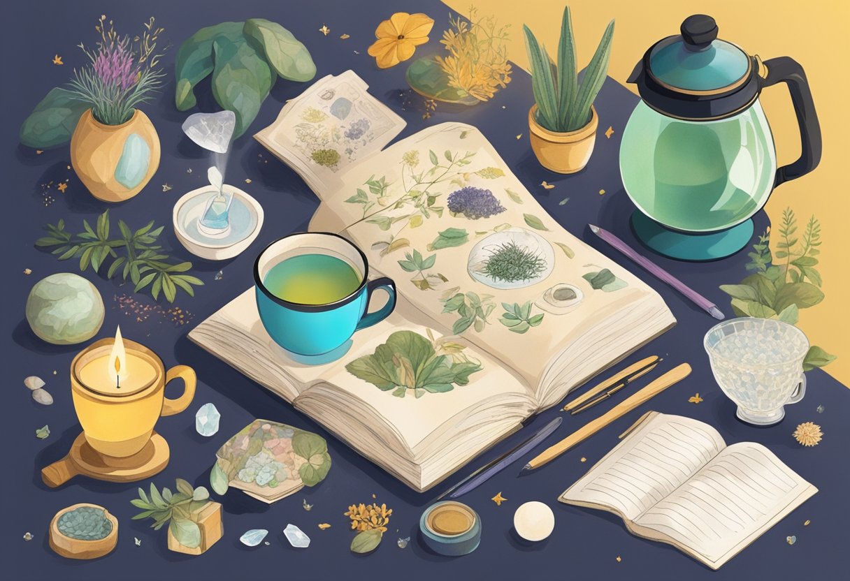 A colorful mood board with images of nature, travel, and vintage elements. A notebook filled with handwritten lists of unique and whimsical baby names. A cup of herbal tea and a crystal ball for inspiration