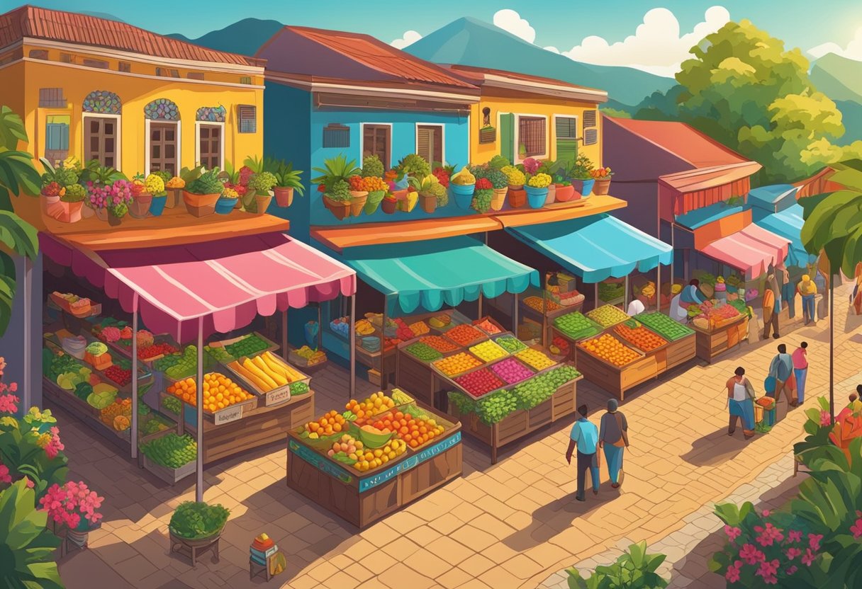 A colorful market scene with vibrant fruits and flowers, representing Colombian culture and diversity