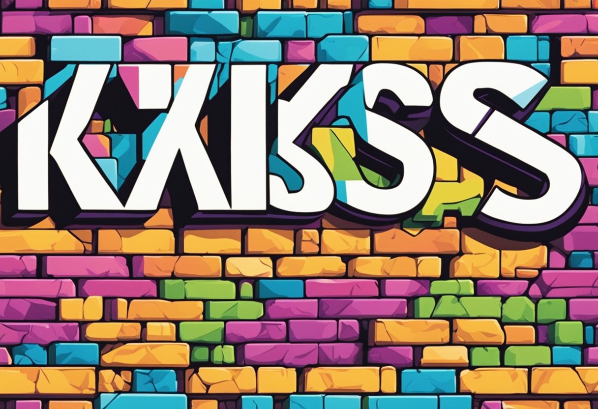 A row of bold, graffiti-style letters spelling out "kick-ass baby names" on a brick wall, with vibrant colors and dynamic typography