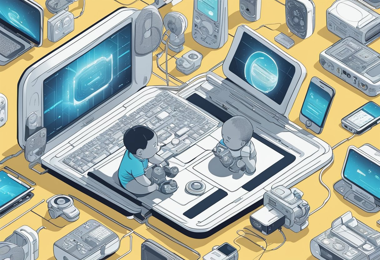 A baby surrounded by gadgets and devices, with technology-themed names displayed on a screen or in a book