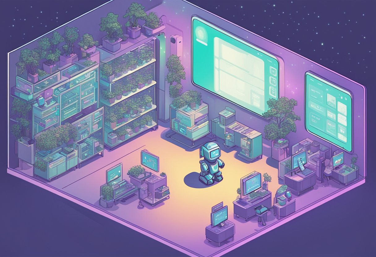 A futuristic nursery with digital screens displaying names like Cyber, Pixel, and Byte. A robot nanny hovers nearby, holding a tablet with more tech-inspired names