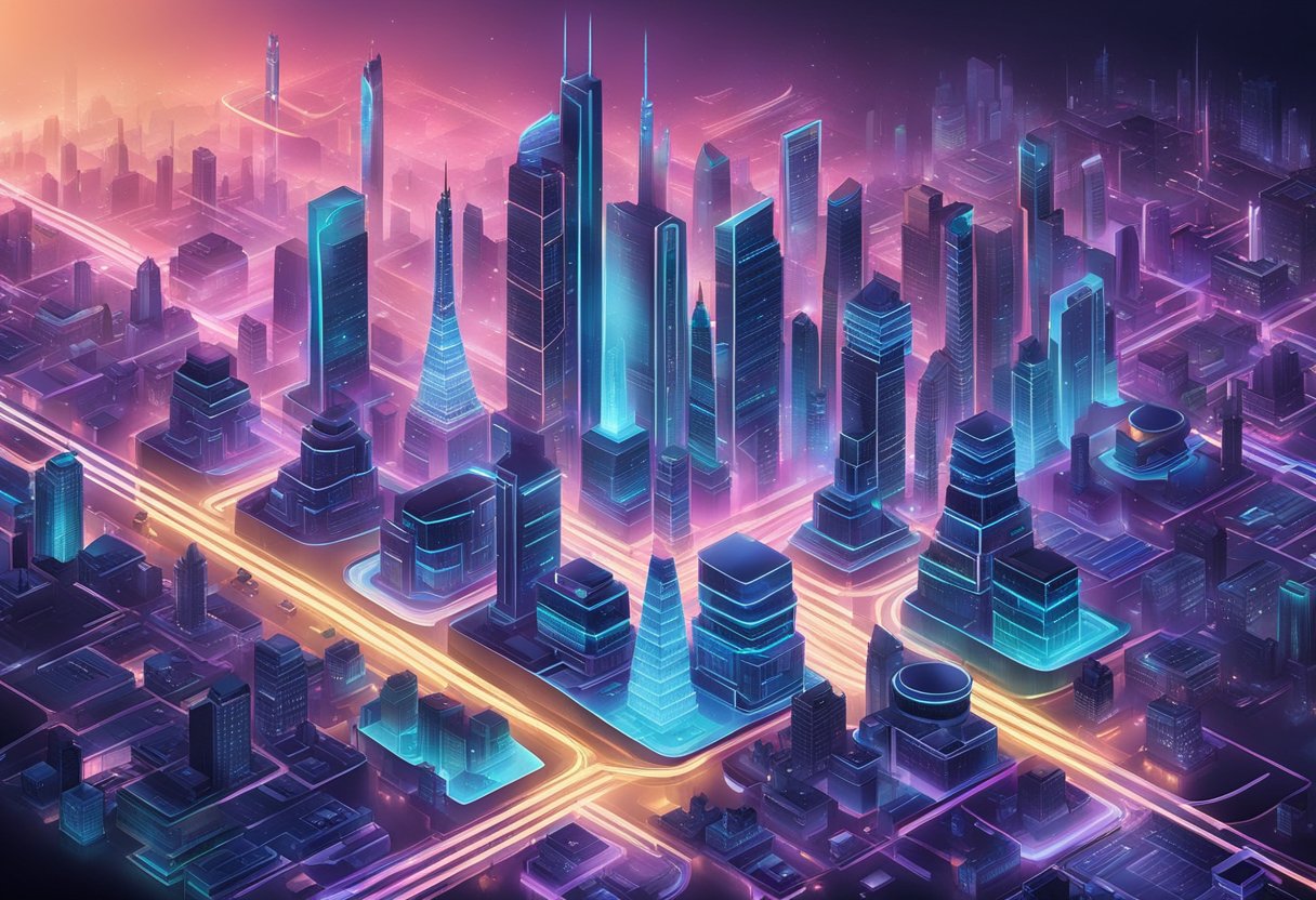 A futuristic city skyline with neon lights and holographic displays, symbolizing the advancement of technology