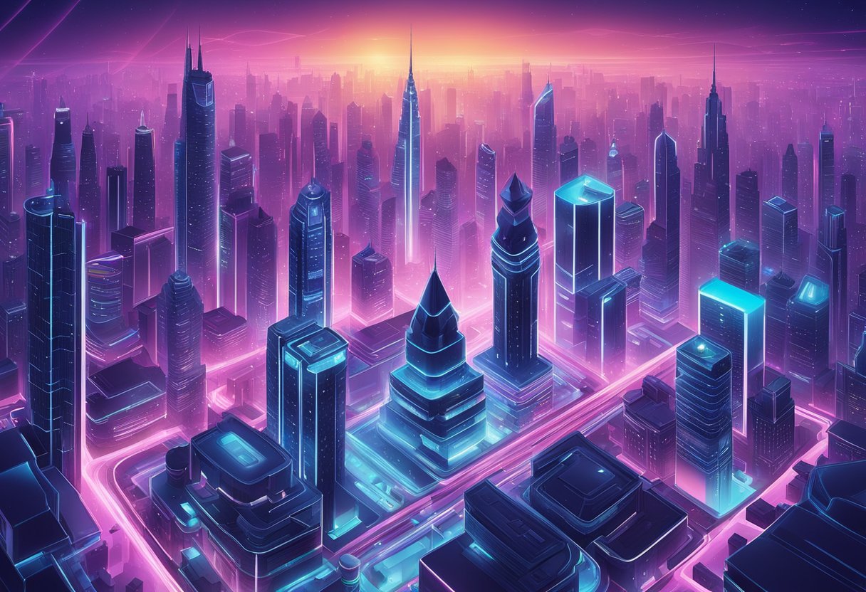 A futuristic city skyline with neon lights and holographic displays, symbolizing the concept of technology