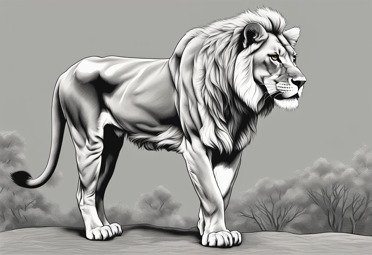 A lioness stands tall, her mane flowing in the wind, exuding strength and power