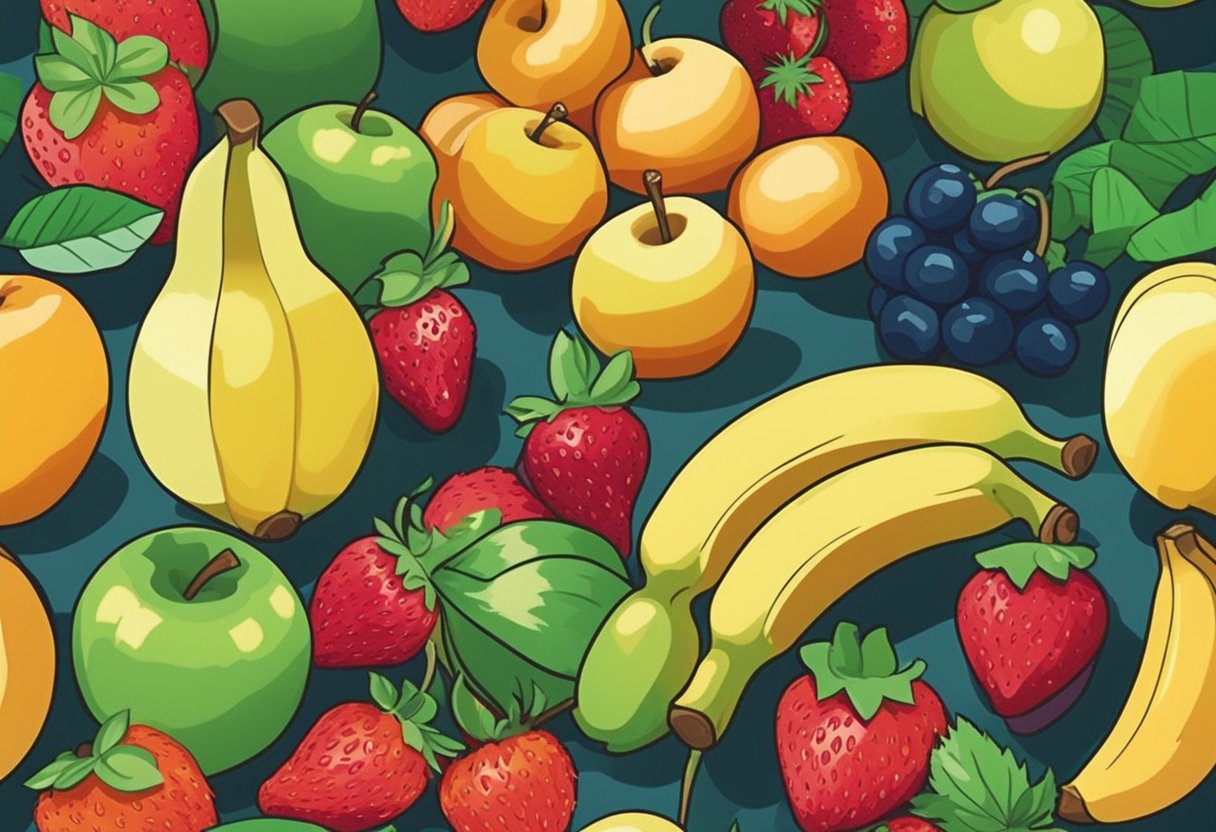 A variety of fruits, including apples, bananas, and strawberries, are arranged in a colorful display